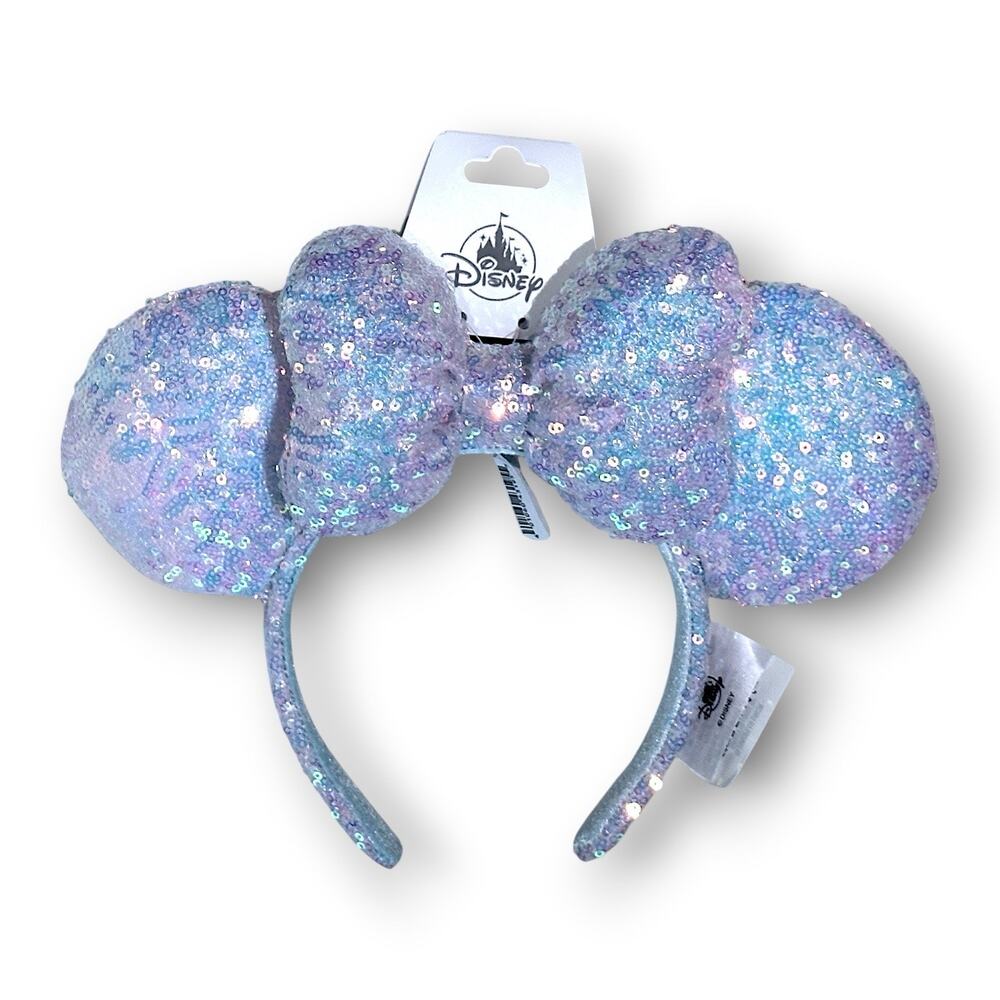 Disney Parks 2026 Iridescent Purple Blue Sequin Minnie Bow Ear Headband NEW